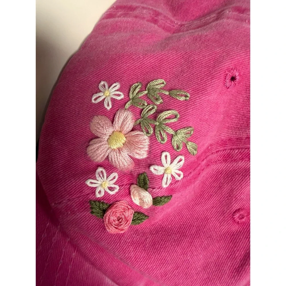 Hot‎ Pink Embroidered Floral Baseball Cap Women Casual Adjustable Outdoor Hat